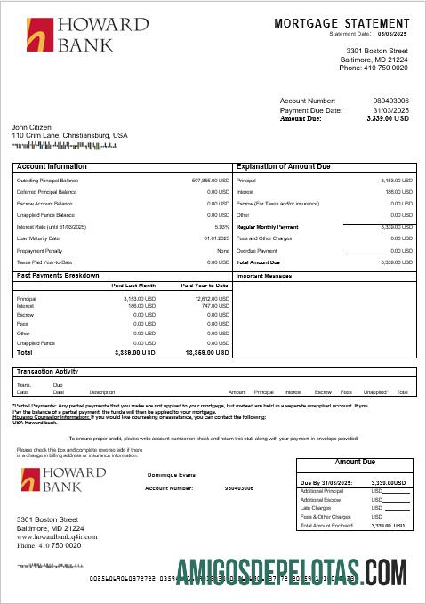 Extrato de hipoteca do Howard Bank dos EUA em formatos Word e PDF exemplo